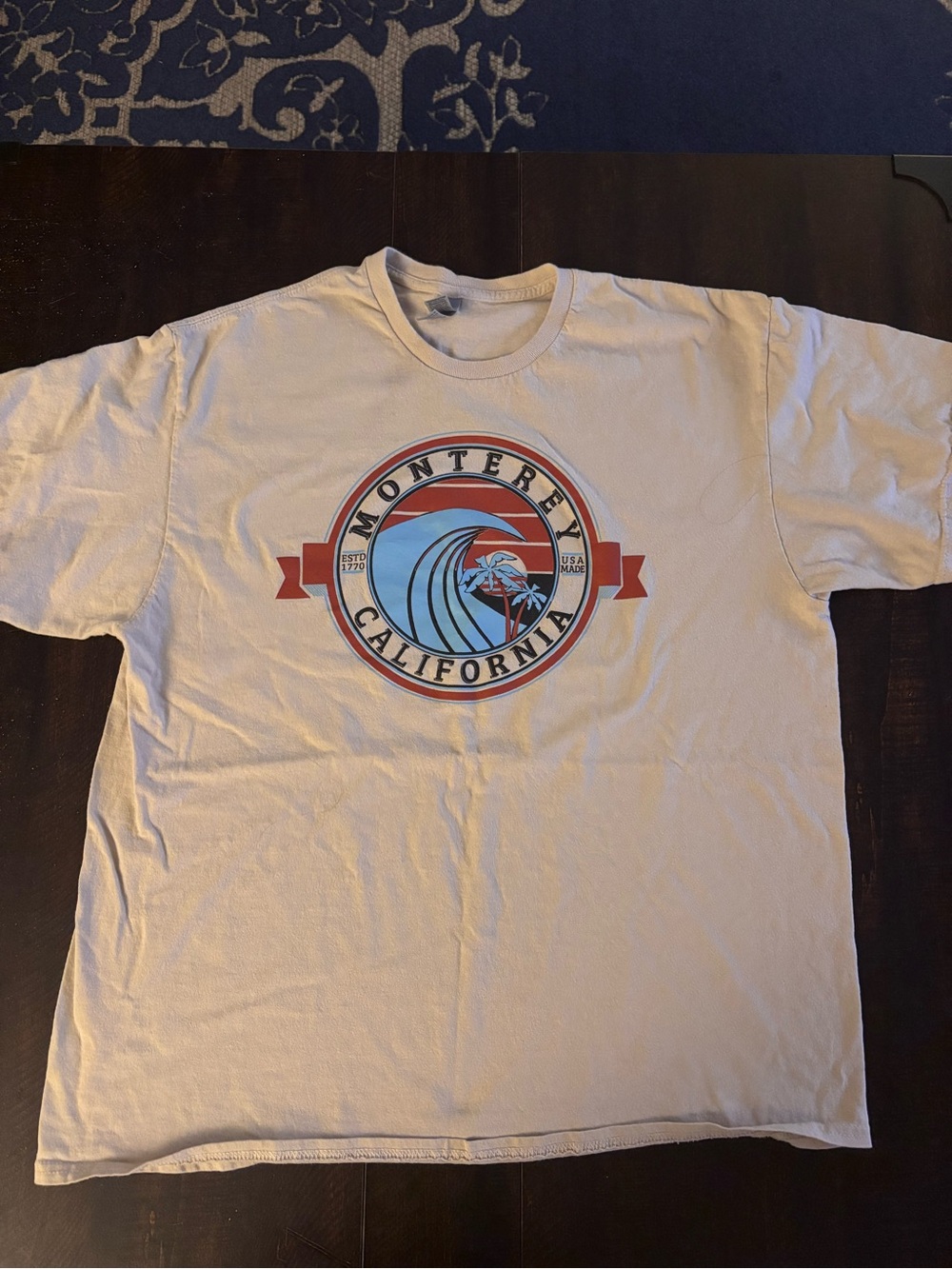 Gildan Cream Monterey California Graphic Tee with Blue & Burnt Orange Logo